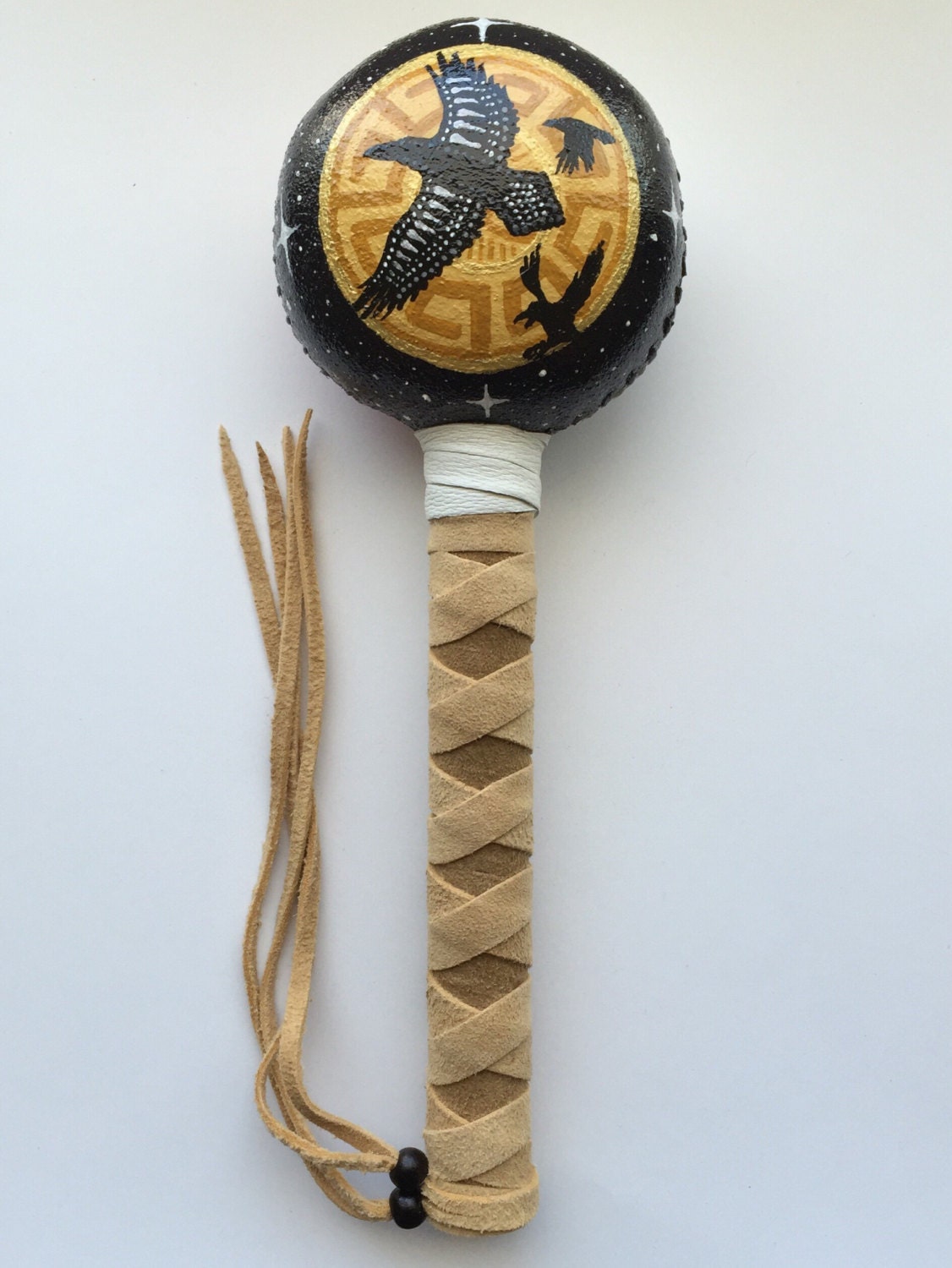 RAVEN SPIRIT Native American Rattle with Soft Deer Hide