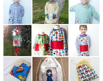 SCHOOL SMOCKS 6 months -7 yrs pattern PACK and Snack Bag, school uniform, Art smock pattern, sewing patterns, school apron, pdf patterns