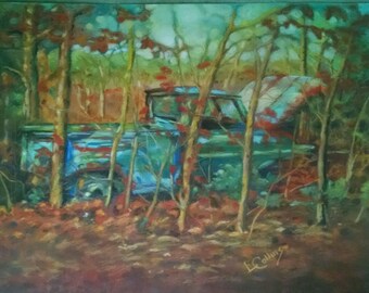 Original Pastel Painting, "Rescue Me", rusty truck in woods, matted and framed approx 24x28"