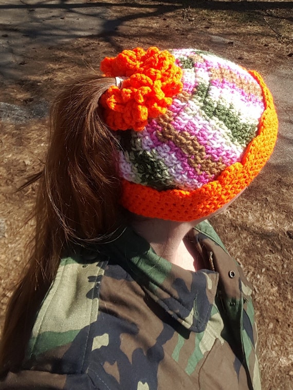 Crochet Ponytail Beanie Pink Camo Hunting Hat Womens Winter