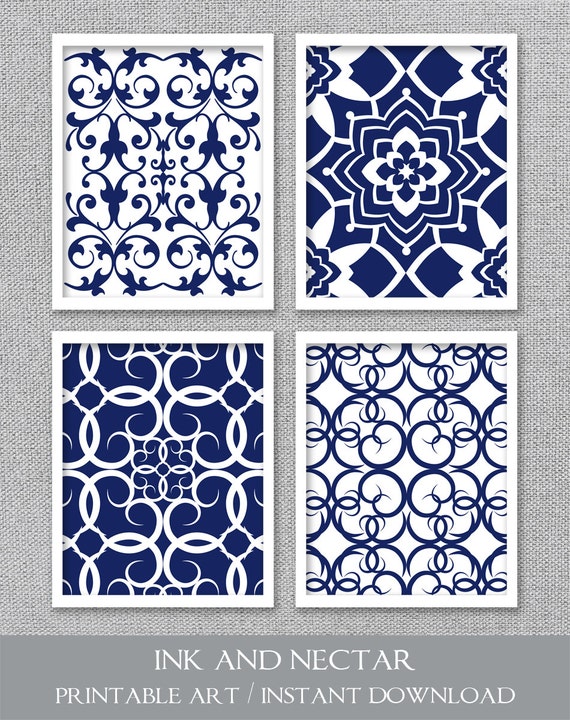 Printable Art Set Blue and White Art Blue by InkandNectarDigital