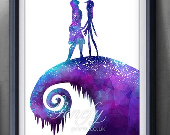 The Nightmare Before Christmas Jack and Sally Watercolor Poster Print - Watercolor Painting - Watercolor Art - Halloween - Thanksgiving