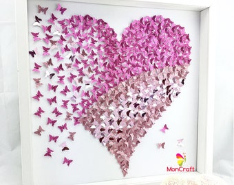 paper butterfly , 3d butterfly wall art, butterfly heart, butterfly canvas, paper butterfly art, girl room wall decor