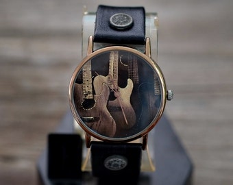 Guitar Classic Vintage Watch Leather,Ladies Watch,Men's Watch,Unisex Watch,Gift Idea,Wristwatch,Women Watches,Vintage,Genuine Leather Watch