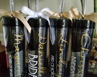 Bridesmaid Tumbler with Small Title, Wedding Party Tumbler, Custom Personalized Black Smoke 16 oz Acrylic Tumbler with Straw and Bow Add-on