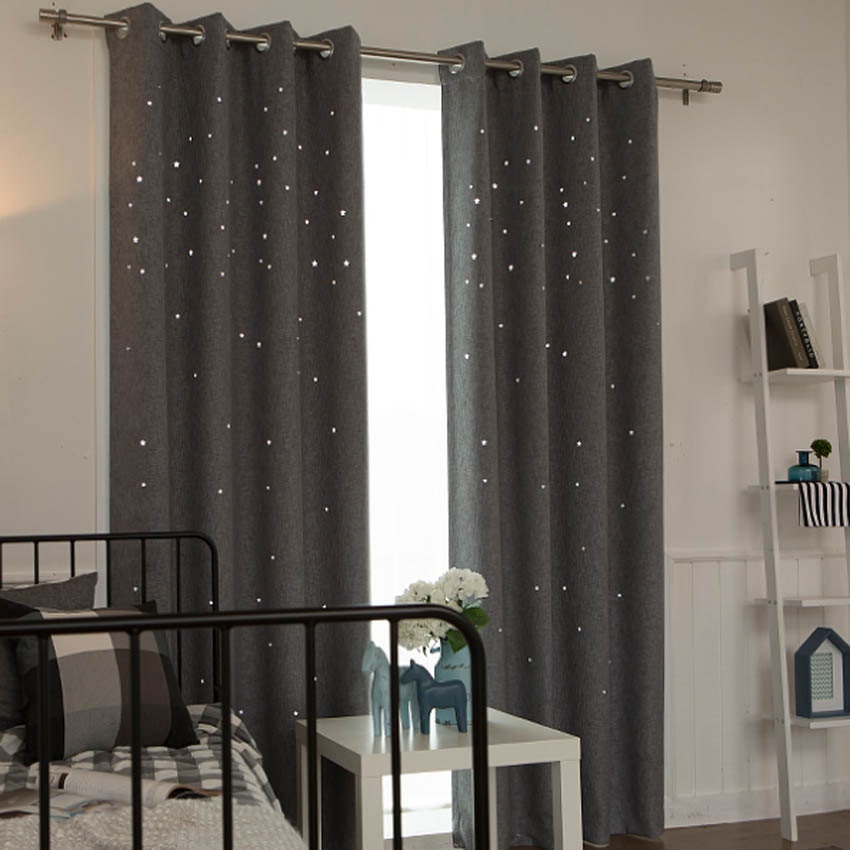 Gray Star Pattern Cutting out Faux Linen Blackout Curtains