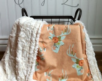 Deer Baby Blanket - Mint Floral Deer - Designer Minky - Ivory