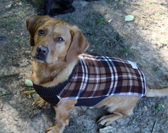 Brown Plaid Fleece Dog Coat, Stretchy Dog Sweater