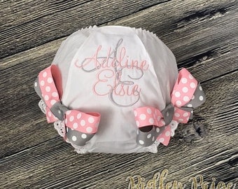 Monogram Baby Girl Diaper Cover, CUSTOM Baby Girl Bloomer, Personalized Toddler Bloomer, Grey Baby Pink, Newborn Photoshoot, Made To Order