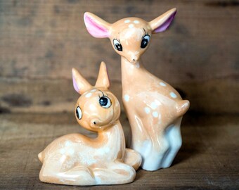 Vintage Ceramic Deer Fawn Figurines - Set of Two Baby Deer Wide Eyed Doe Fawn Figurines - Ceramic Baby Deer Set of Two - Mid Century Decor