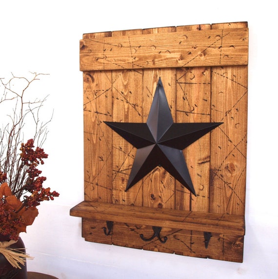 Star Hook Shelf with Hooks; Light Brown Wood, Black Barn Star; Rustic Country, Primitive, Vintage Farmhouse Antique Decor