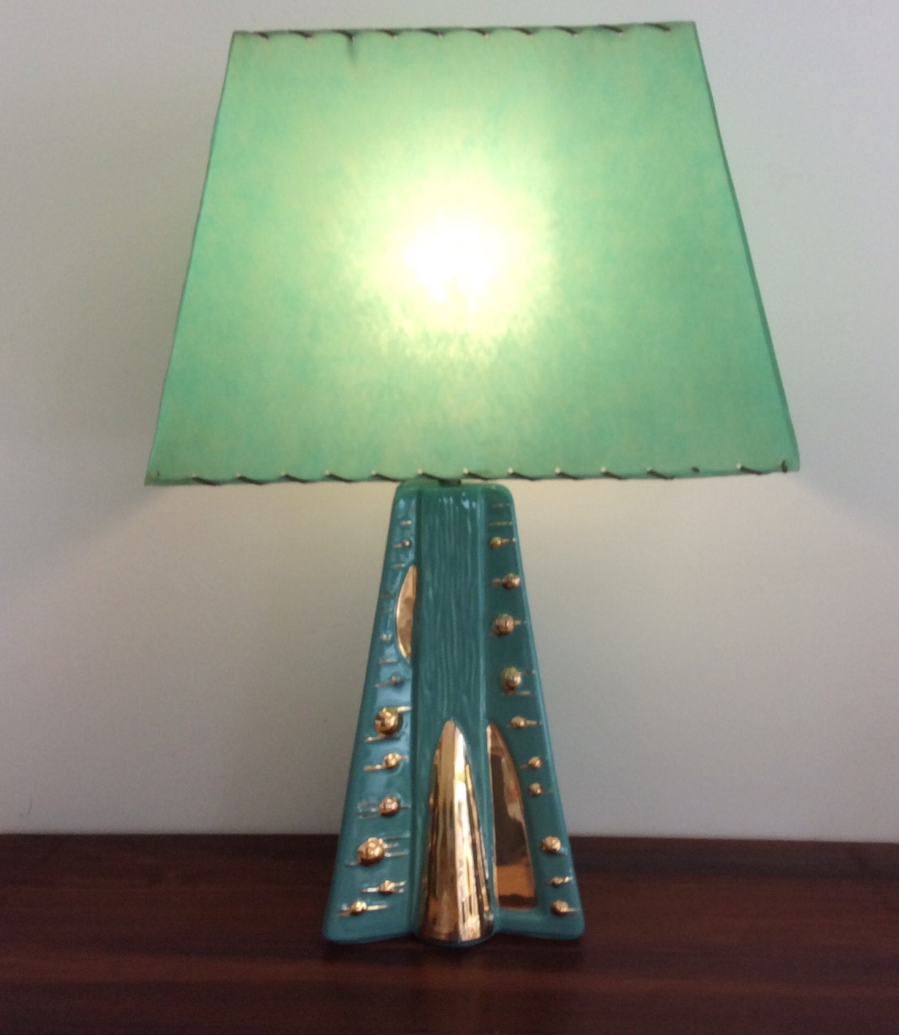 Mid Century Turquoise Ceramic Lamp with Strapped Shade