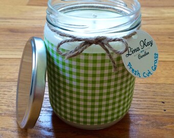 Fresh Cut Grass Candle - Gift for Him - Natural Soy Candle - 13oz - green gingham paper