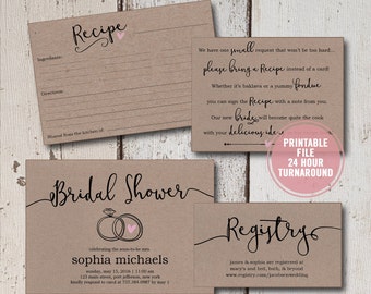 Bridal Shower Invitation Printable Suite, Rustic Wedding Shower Invite Set, Brown Paper Shower Activity, Bridal Recipe Card Insert, Download