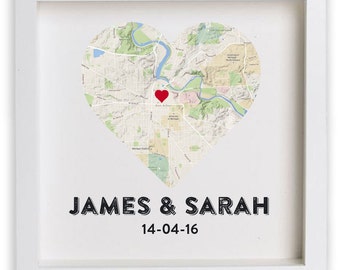 FRAMED Wedding gift for couple / Housewarming / Anniversary / New Home / Print Personalised Heart Map, gifts for couple