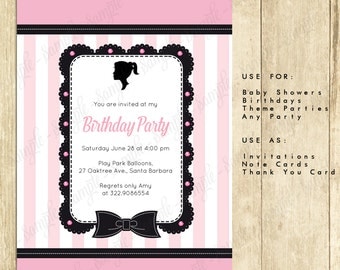 Barbie First Birthday Party Invitations, Barbie Birthday Party Invites in Pink and White, First Birthday Party Invitations, 0088A TppCards