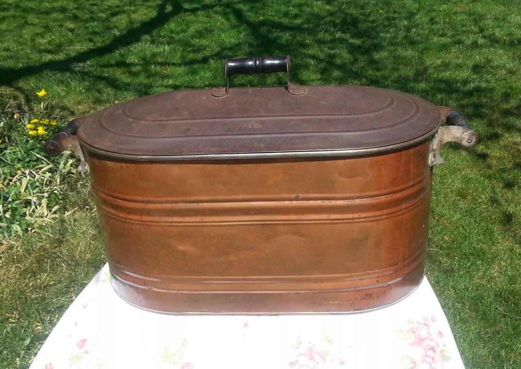 Antique Copper Boiler With Lid Wash Tub Rustic Home Decor