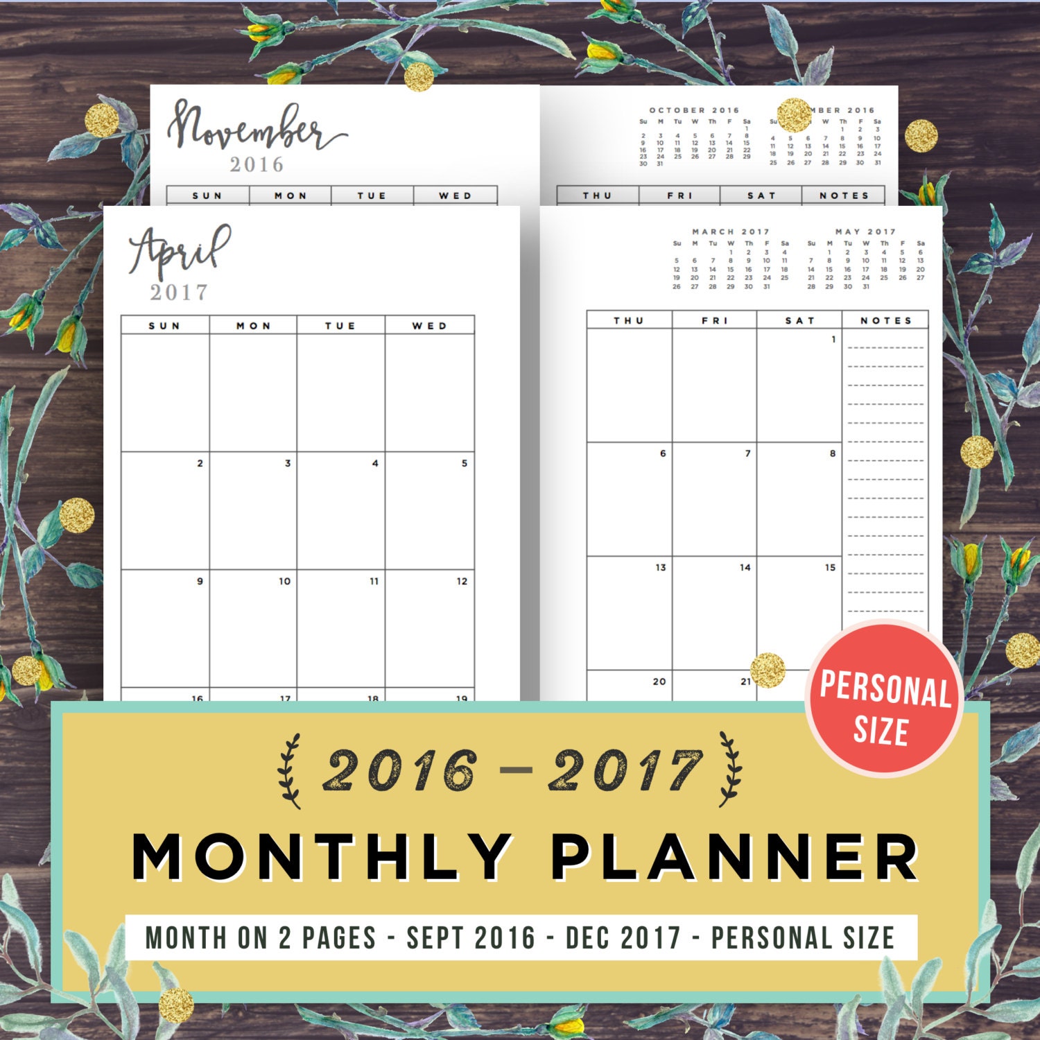 Personal Size Monthly Calendar Printable by PrintablePineapple