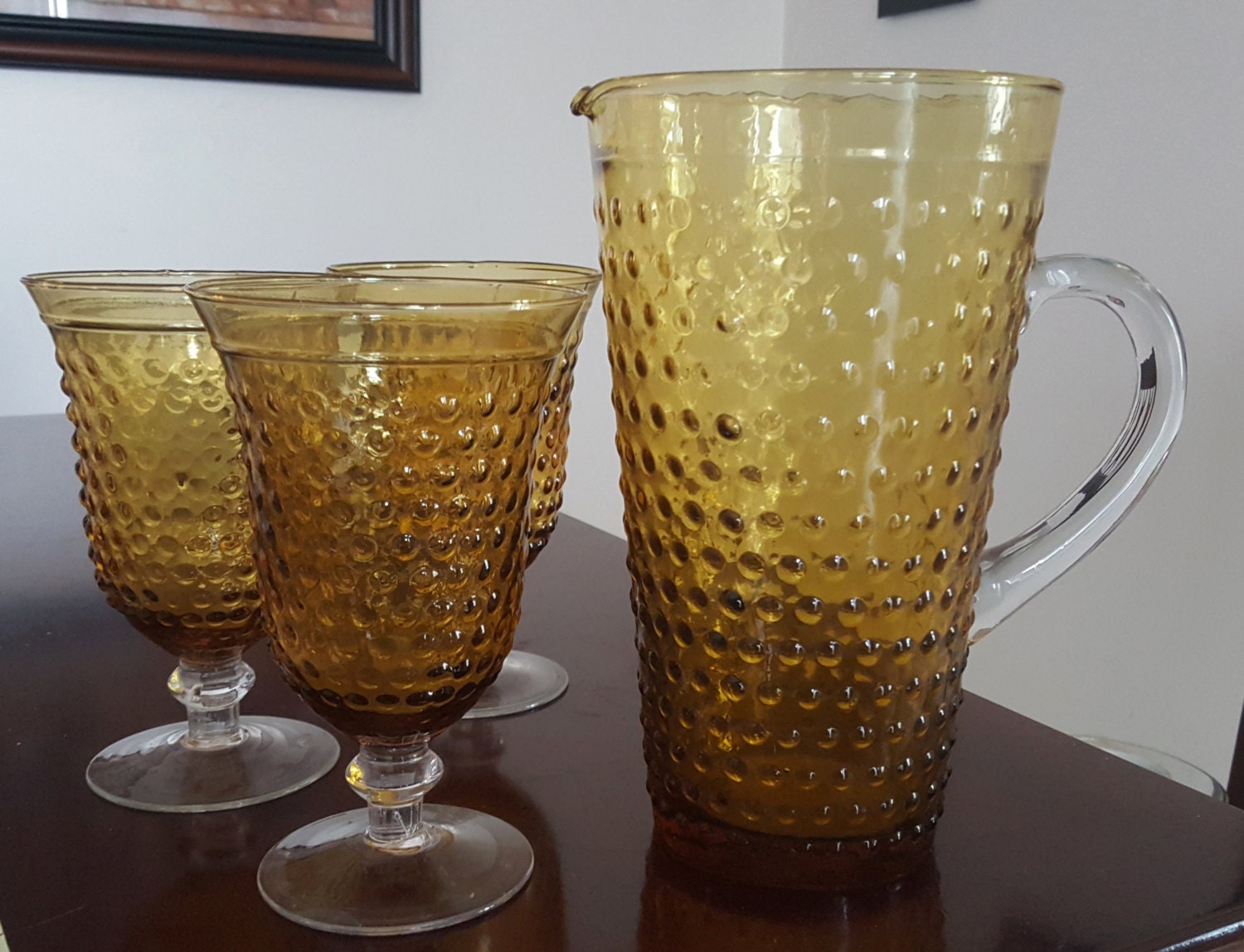 Vintage Amber Glass Hobnail Pitcher With 3 Goblet By Misscoqueta