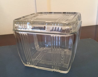 Vintage Clear Glass Refrigerator Box 4 Inch by 4 Inch Square with Embossed Criss-Cross Pattern