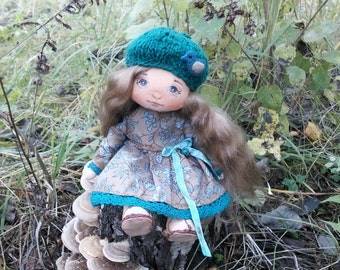 Cloth doll Art textile doll collecting doll Fabric doll Soft doll Rag doll Doll in green dress OOAK doll in hat Gift for her Interior toy