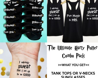 The Ultimate Harry Potter Bachelorette Party Combo Pack- Includes Shirts, Sunglasses & Temporary Tattoos in the Colors of your choice