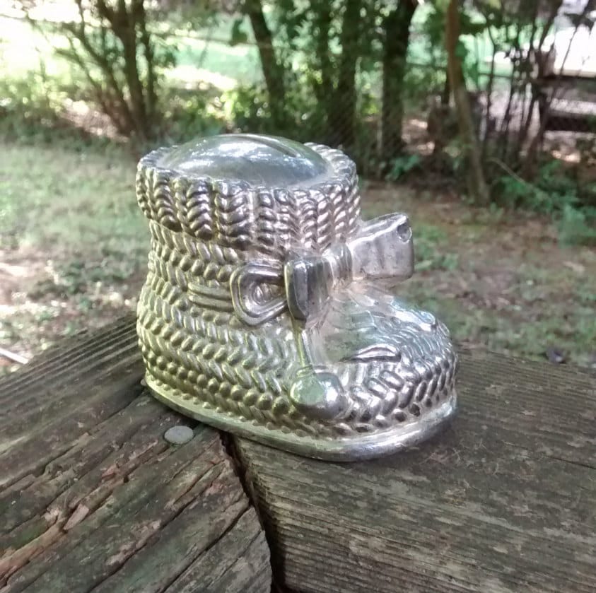 Silver baby bank / baby bootie piggy bank / silver plated