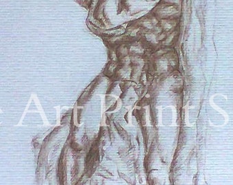 Nude Male Art Print, Michelangelo's Slave Sculpture - Atlas, Fine Art Print, Classic Art, Pencil Art Print, Renaissance Art Drawing Print