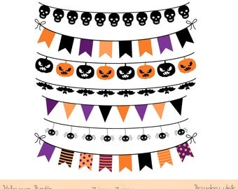Halloween banner clip art clipart, Digital banner flag garland bunting image graphic orange, Halloween bunting clipart clip art, Black Skull