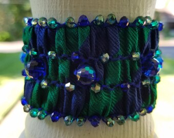 Bracelet - Upcycled Silk Necktie - Beaded Cuff Bracelet-English Smocking