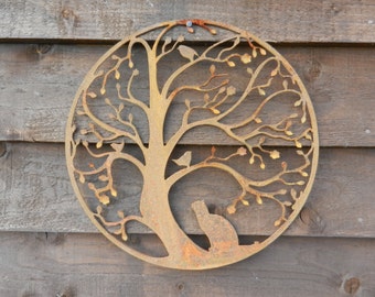 Cat and Bird in Tree Wall Hanging Art / Rusty Metal Wall Art / Garden Decoration / Cat and Bird Gift / Cat Metal Art / Garden Wall decor