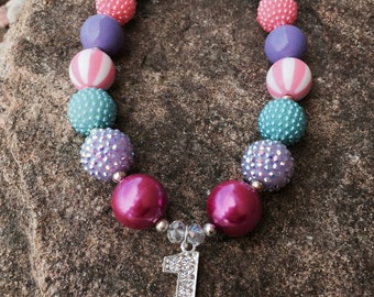First birthday necklace, birthday necklace, rhinestone necklace, first birthday chunky necklace, first birthday bubblegum necklace, birthday