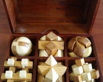 Vintage Set of Six Wooden Puzzles in Wooden Case