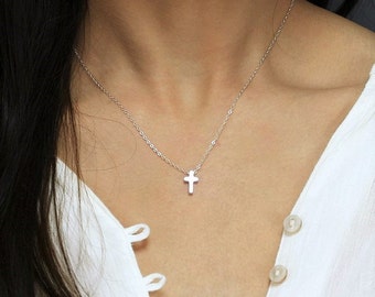 Tiny Silver Cross Necklace - Minimal Cross Jewelry - Religious Necklace - Perfect for Layering - Gold Cross Necklace - Hotmixcold jewelry