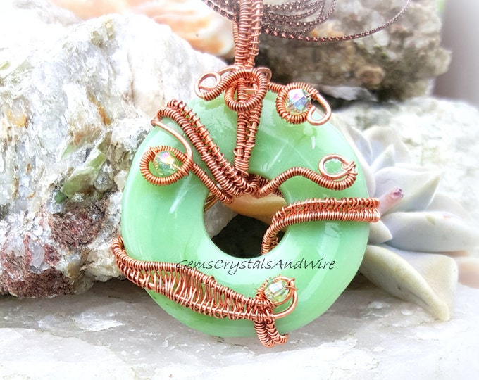 Wire Woven Donut, Mythical Pendant, Green Necklace, Copper Pendant, OOAK, Crystal Woven Pendant, Birthstone Pendant, Peridot