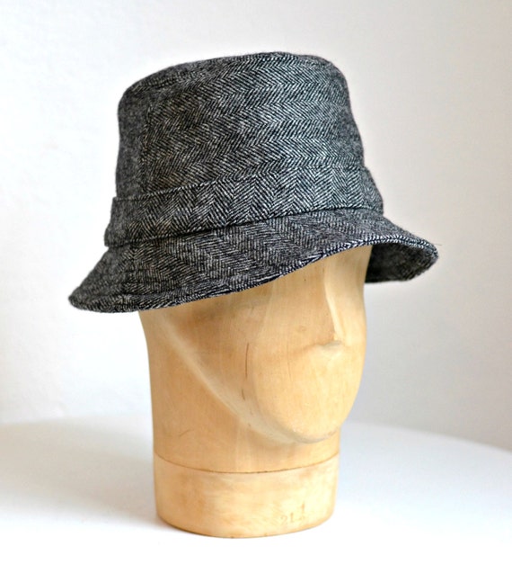 Irish Walking Hat in Black and White Herringbone Wool Made
