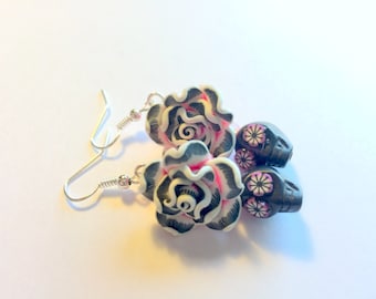 Sugar Skull Earrings Dia De Los Muertos Pink and Black Rose Skull Earrings