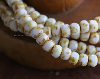 WHITE SAND SEEDS .. 50 Picasso Czech Glass Tri-Cut Seed Bead Size 6/0 (5352-st)