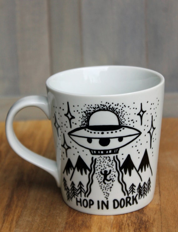 Hand painted alien UFO coffee mug Hop in dork mug by daisyandaster