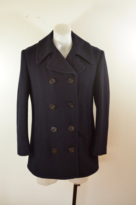 on sale Vintage NAVY PEA COAT Wool heavy duty lined