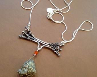Pyrite nugget Necklace silver weaved hammered-Wild Branches-Handmade-metal smith Fools gold and carnelian necklace