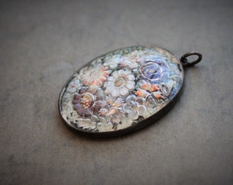 Large Antique Victorian Reverse Carved Pendant / Sterling Essex Crystal Intaglio Pendant / Giardino di Fiori