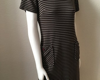 Vintage Women's 60's Mod Dress, Brown, White, Striped, Knee Length (M)