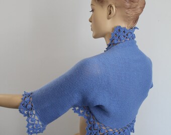 Crochet Shrug, Knit Crochet Bolero, Hand Knit Crochet Blue Shrug Bolero , Wedding shrug bolero, Cover up, Bridal bolero, 3/4 sleeved