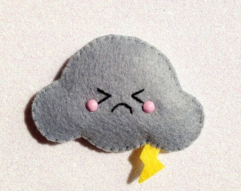 Thunder Cloud Felt Brooch / Hair Clip, angry cloud accessory, cute felt brooch, kawaii felt hair clip, felt grey cloud, polyester eco felt