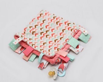 Baby Ribbon Tag Blanket - Minky Binky Blankie - Coral and Mint Chevron
