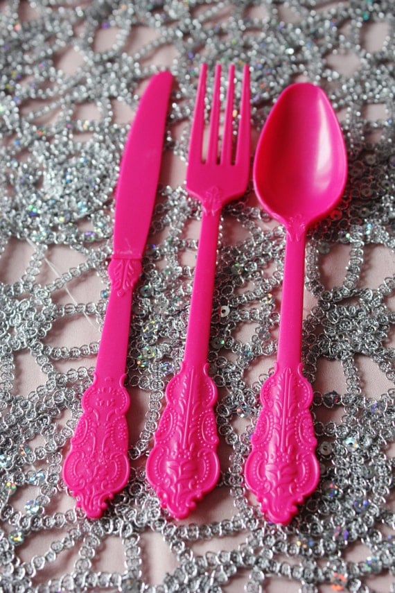 24 ASSORTED HOT PINK Cutlery Plastic Forks Spoons Flatware