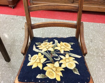 Antique Walnut Chair, Blue and Yellow Floral Needlepoint Seat,1800's Country Chair, Wooden Side Chair, Desk Chair, Dining Room, Living Room