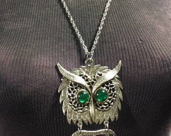 Owl Necklace with Emerald Green Eyes