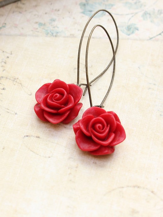 Red Rose Earrings Long Dangle Earrings Resin Flower Earrings